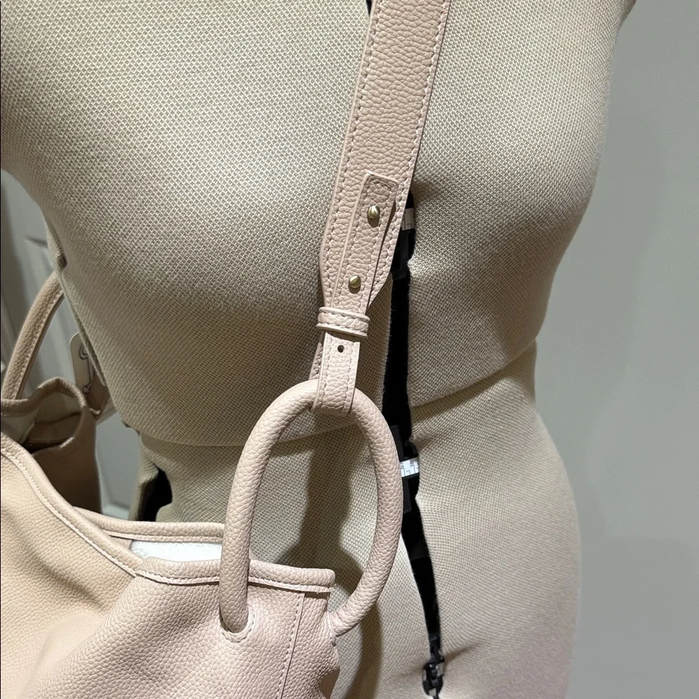 Beige Taupe Pebbled Leather Slouchy Hobo Bag with Link Detail